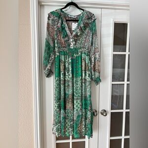 ZARA NWT Green Patchwork Floral Midi Dress